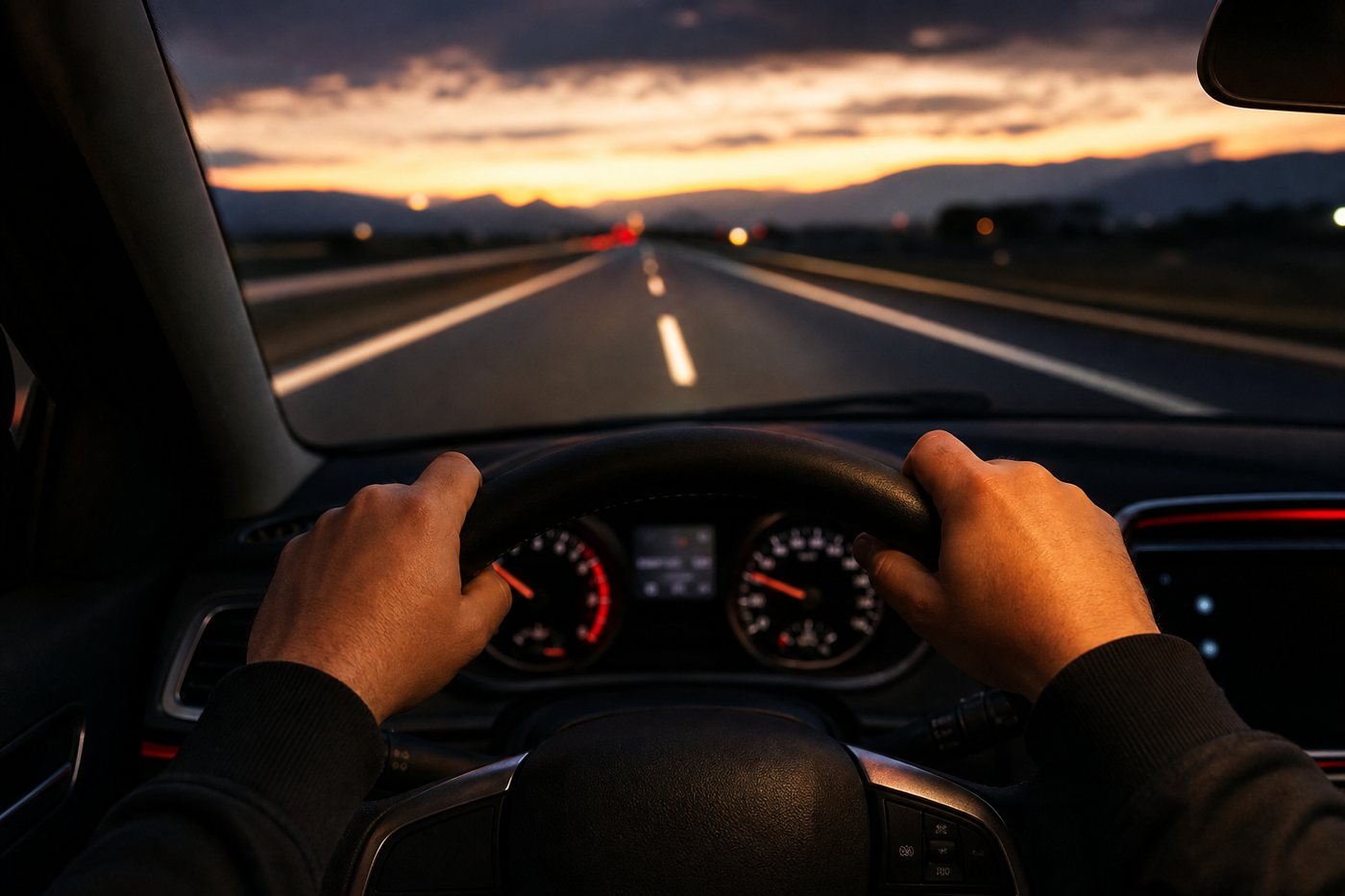 Maos no volante corrigindo a direcao em pista reta