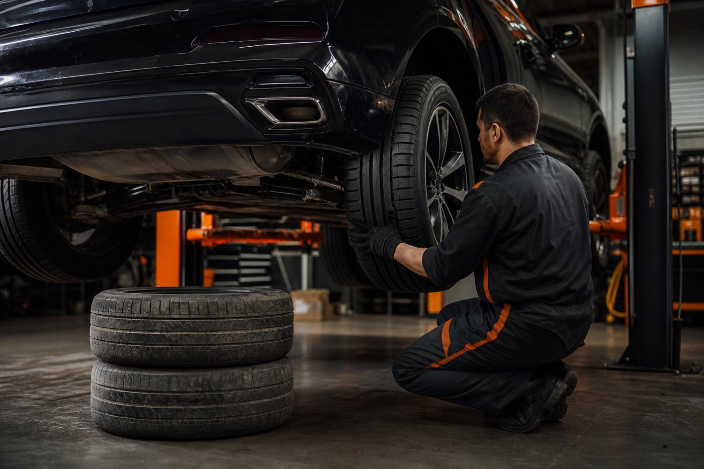 Mecânico instalando dois pneus novos no eixo traseiro de um carro dentro da oficina